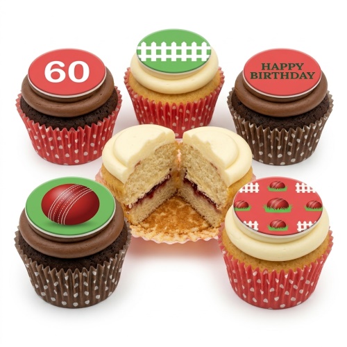 Cricket themed birthday cupcakes with edible toppers, including a cricket ball, pitch fence, and custom age.