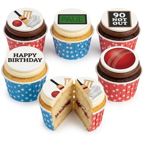 Cricket theme birthday cupcakes with edible bat, ball, stumps, and custom age toppers.