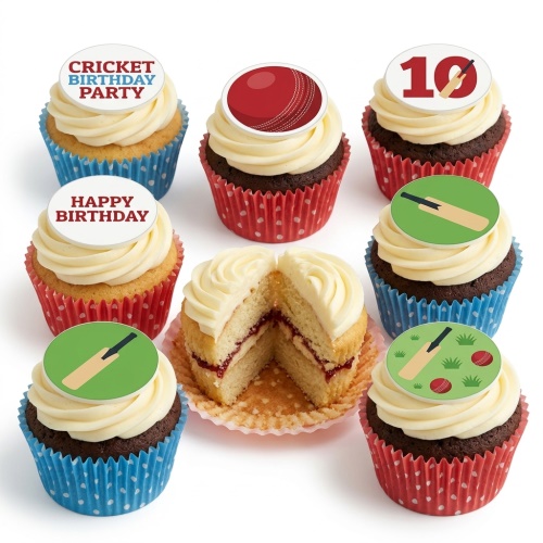 Cricket themed cupcakes with bat, ball, and custom age toppers on white frosting.
