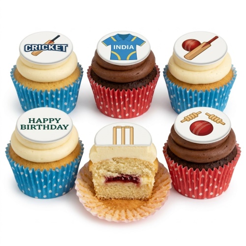 Six cricket-themed cupcakes with white and chocolate frosting, featuring edible toppers of bats, balls, stumps, and a 'Happy Birthday' message.