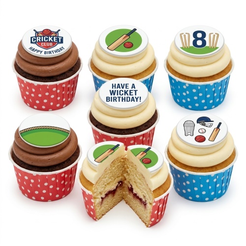 Cricket themed cupcakes with edible toppers featuring bats, balls, wickets, and a custom age topper.