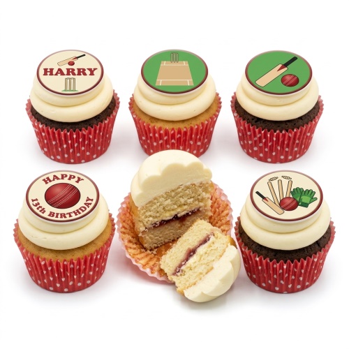Cricket theme cupcakes with edible toppers featuring bats, balls, stumps, and a custom age message.