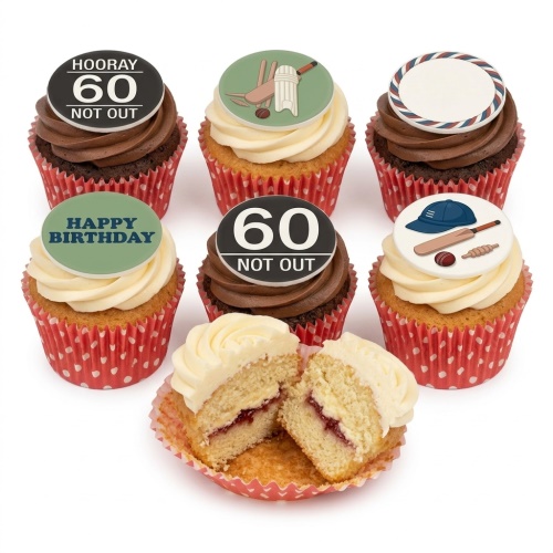Cricket-themed birthday cupcakes with '60 Not Out' and cricket equipment toppers, on a white background.