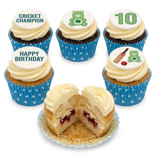 Cricket themed birthday cupcakes with custom age and 'Cricket Champion' toppers.