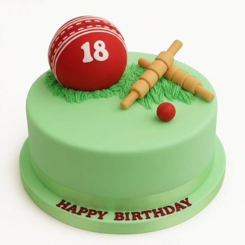Round green cricket theme birthday cake with red cricket ball, bails, and custom age topper.