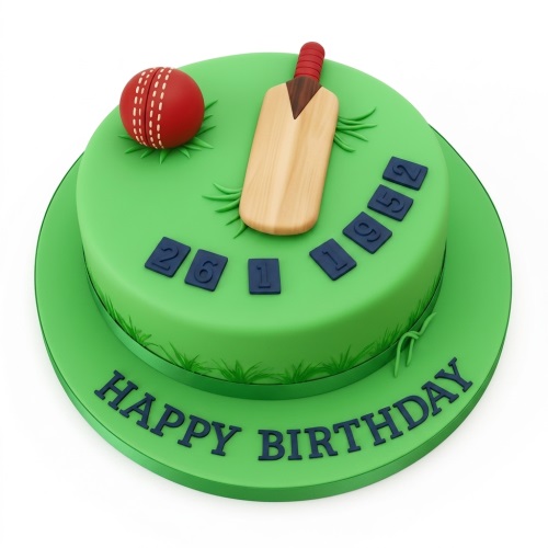 Round green cricket-themed birthday cake with a bat, red ball, and custom age numbers.