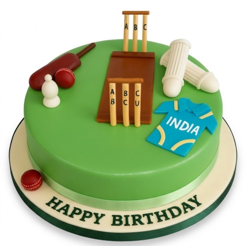Round green cricket themed birthday cake with edible bat, ball, stumps, and India shirt.