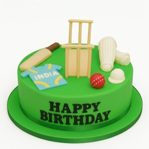 Round green cricket theme birthday cake with edible bat, stumps, ball, pads, helmet, and 'INDIA' shirt toppers. Features 'HAPPY BIRTHDAY' message.