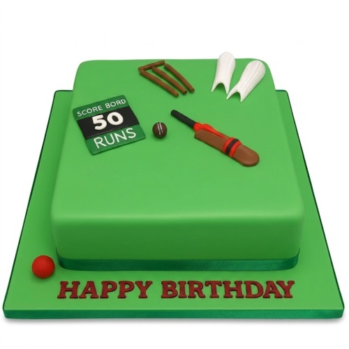 Green square cricket theme birthday cake with edible bat, ball, wickets, pads, and a scoreboard showing '50 Runs'. Happy Birthday message on the board.