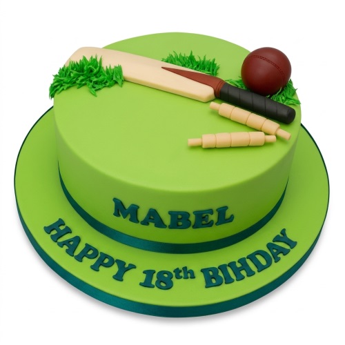 Round green cricket theme birthday cake with edible bat, ball, and stumps decoration.
