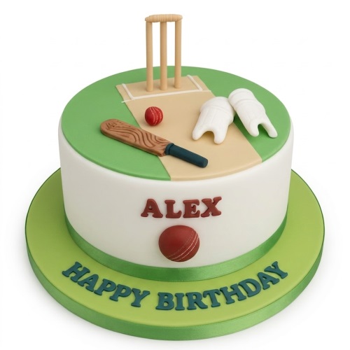 Round white and green cricket theme birthday cake with edible bat, stumps, ball, and gloves.