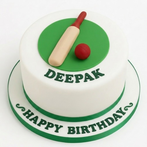 Round white fondant cake with green cricket pitch, edible bat, ball, and 'Happy Birthday' message.