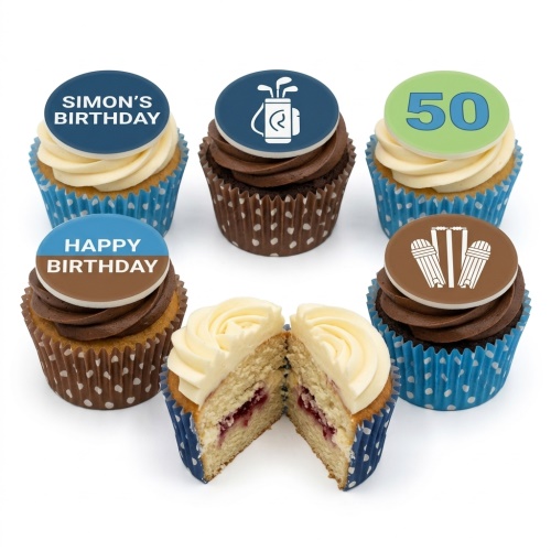 Assortment of birthday cupcakes with sports-themed toppers, including golf, cricket, and a custom age.