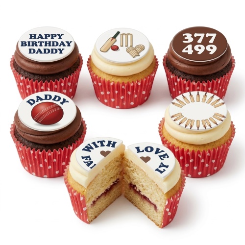 Cricket themed cupcakes with bats, wickets, ball, and custom messages on edible toppers.