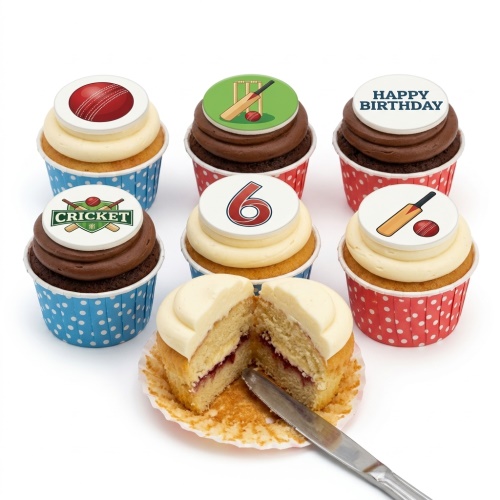 Cricket themed cupcakes with bats, balls, stumps, and custom age topper.