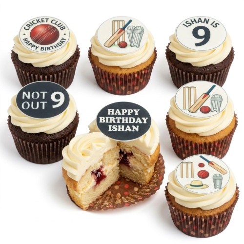 A selection of cricket-themed birthday cupcakes with white frosting and edible toppers featuring bats, stumps, balls, and a custom age.