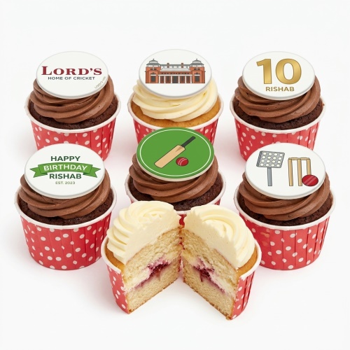 Selection of cricket themed cupcakes with Lord's branding, cricket bat and ball, stumps, scoreboard, and custom age topper.