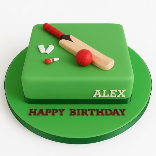 Green square birthday cake decorated with an edible cricket bat, red ball, gloves, and wicket, with a personalised name and 'Happy Birthday' message.