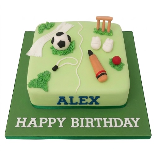 Green sports theme birthday cake with fondant football, cricket bat, ball, stumps, pads, and skipping rope decorations, with a personalised name and message.