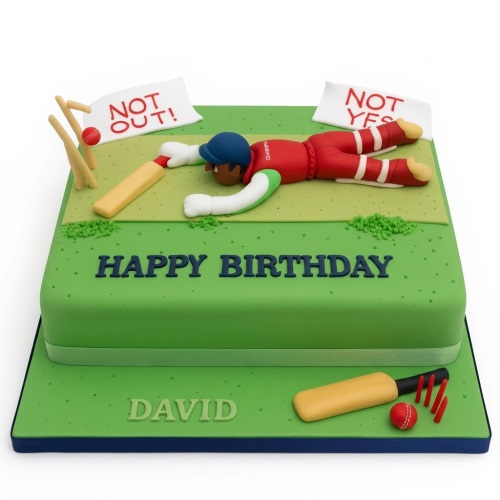 Green square cricket-themed birthday cake with a fondant batsman, stumps, bat, ball, and "Happy Birthday" message.
