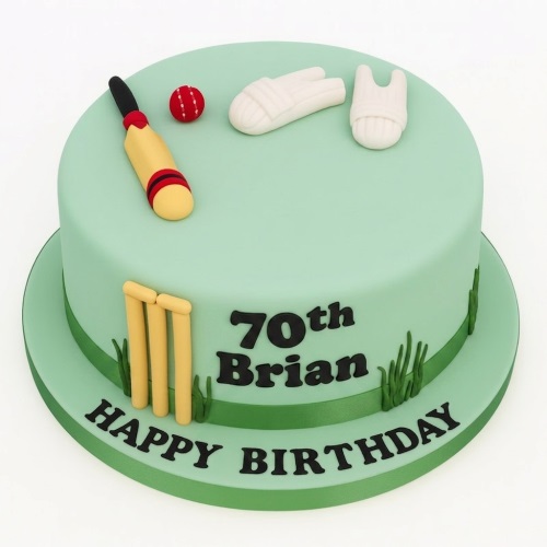 Round green cricket birthday cake with edible bat, ball, stumps, gloves, and custom age text.