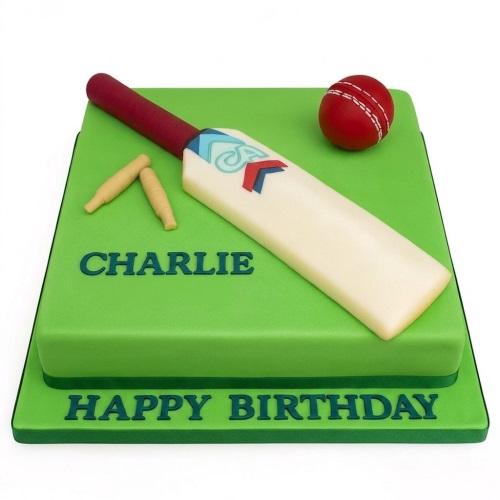 Green cricket pitch cake with edible bat, ball, stumps, and a custom message.