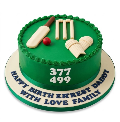 Round green cricket pitch cake with edible bat, ball, stumps, and pads, with custom message.