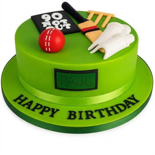 Green round cricket birthday cake with edible bat, ball, stumps, gloves, and a custom name.