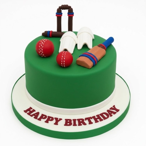 Round green cricket theme birthday cake with edible bat, balls, stumps, and pads.
