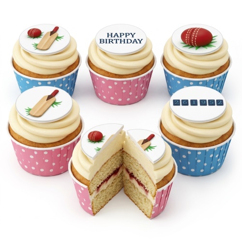 Vanilla cupcakes with white frosting, cricket bat and ball toppers, and "Happy Birthday" message.