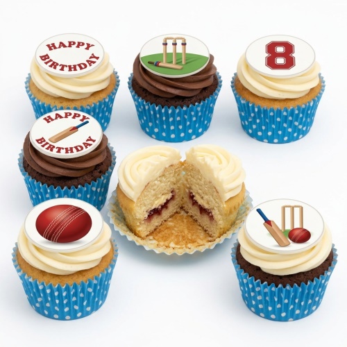Cricket theme birthday cupcakes with edible toppers featuring bats, wickets, ball, and custom age.