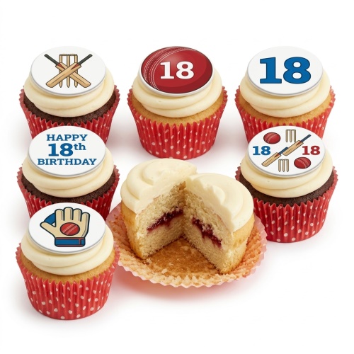 Cricket themed birthday cupcakes with bats, wickets, ball, glove, and custom age toppers.