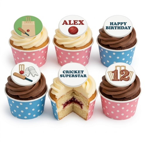 Cricket-themed cupcakes with edible toppers featuring bats, balls, stumps, and custom age.