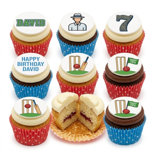 Cricket themed cupcakes with edible toppers featuring stumps, bat, ball, and umpire designs in red and blue wrappers.