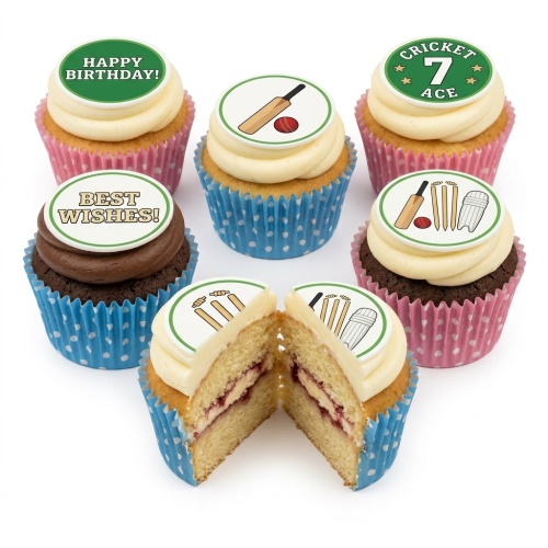 Cricket themed cupcakes with edible bat, ball, stumps, and custom message toppers.