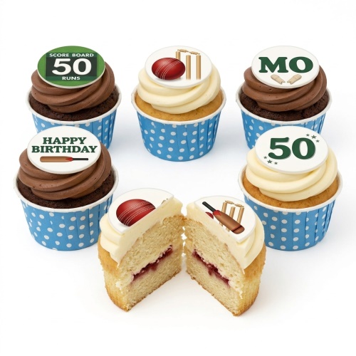 Cricket themed cupcakes with edible toppers featuring bats, balls, stumps, and custom age/message examples.