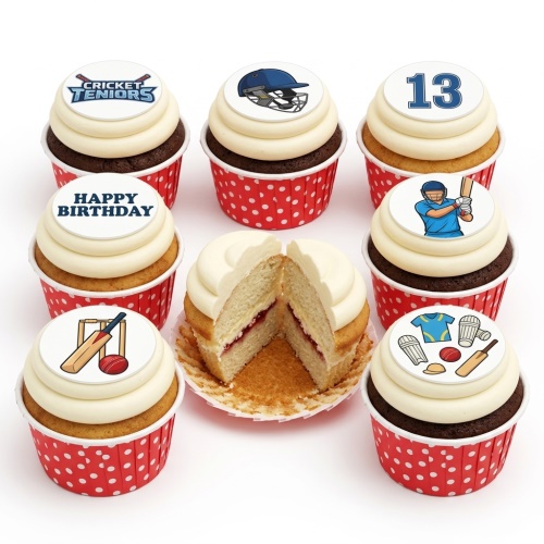 Assortment of cricket theme birthday cupcakes with various edible toppers including bat, ball, helmet, and custom age.