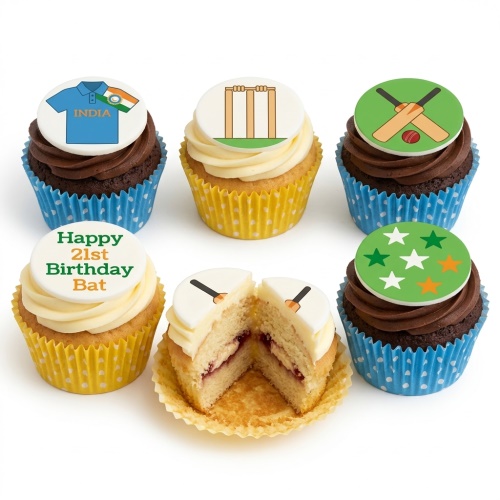 Six cricket themed cupcakes with stumps, bats, ball, India jersey, and stars toppers.