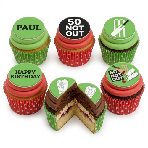 Cricket themed cupcakes with green and red frosting, featuring cricket bat, stumps, pads, and custom age topper.