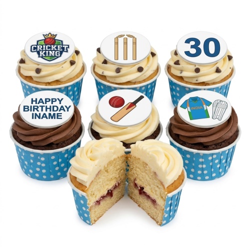 Cricket themed birthday cupcakes with bat, ball, stumps, and custom age toppers.