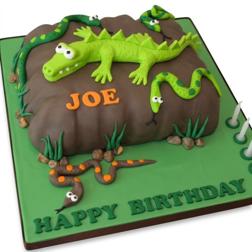 Green alligator and snakes on a brown mound cake with 'Happy Birthday' text.