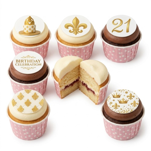 Gold crown and fleur-de-lis decorated cupcakes in pink wrappers with a custom age topper.