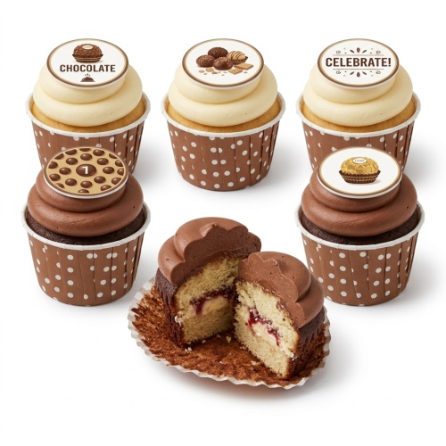 Assorted chocolate and vanilla cupcakes with Ferrero Rocher style and 'Celebrate!' edible toppers, in brown polka dot cases.