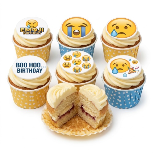 A set of cupcakes with white frosting and crying emoji toppers, some with 'Emoji Birthday' or 'Boo Hoo... Birthday' messages in yellow and blue polka dot cases.