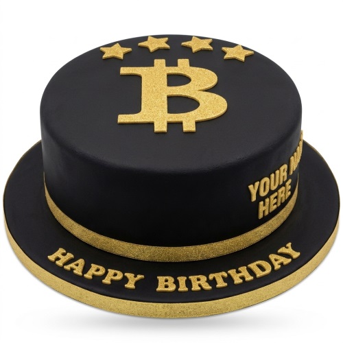 Black and gold Bitcoin themed birthday cake with stars and space for a custom message.