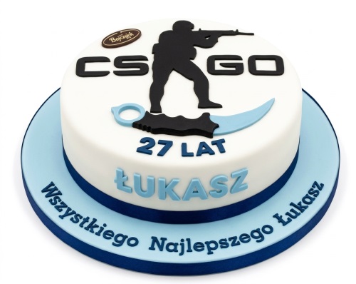 White and blue CS:GO themed gaming birthday cake with a soldier silhouette and knife.