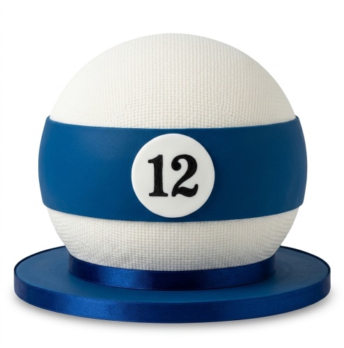 Spherical white and blue pool ball birthday cake with a custom age topper on a blue cake board.