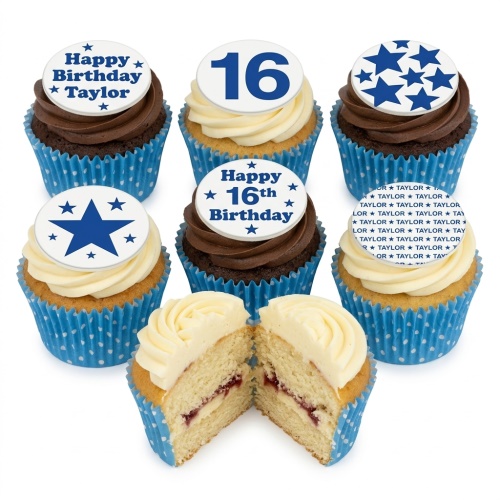 Assortment of vanilla and chocolate cupcakes with blue star and custom age toppers in blue polka dot wrappers.