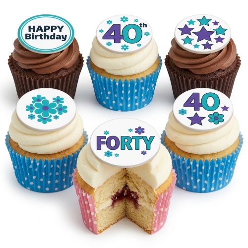 Birthday cupcakes for her with custom age, Happy Birthday, floral, and star toppers.