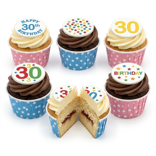 Six colourful birthday cupcakes with custom age and star toppers in pink and blue polka dot cases.